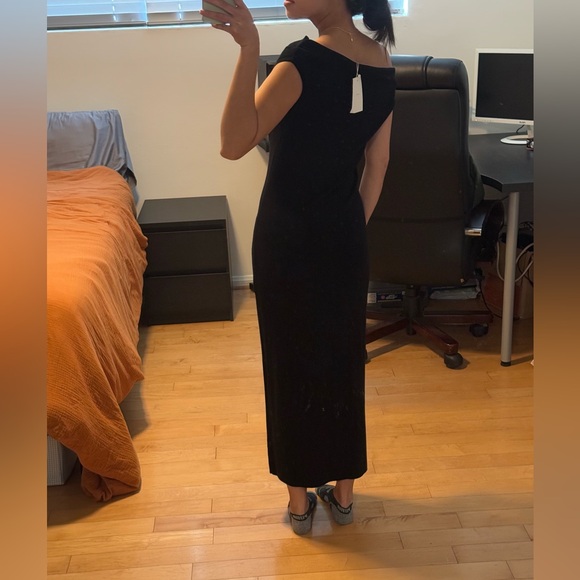 NWT Oak + Fort BLACK COWL NECKLINE OFF SHOULDER MIDI DRESS XS - Picture 7 of 8